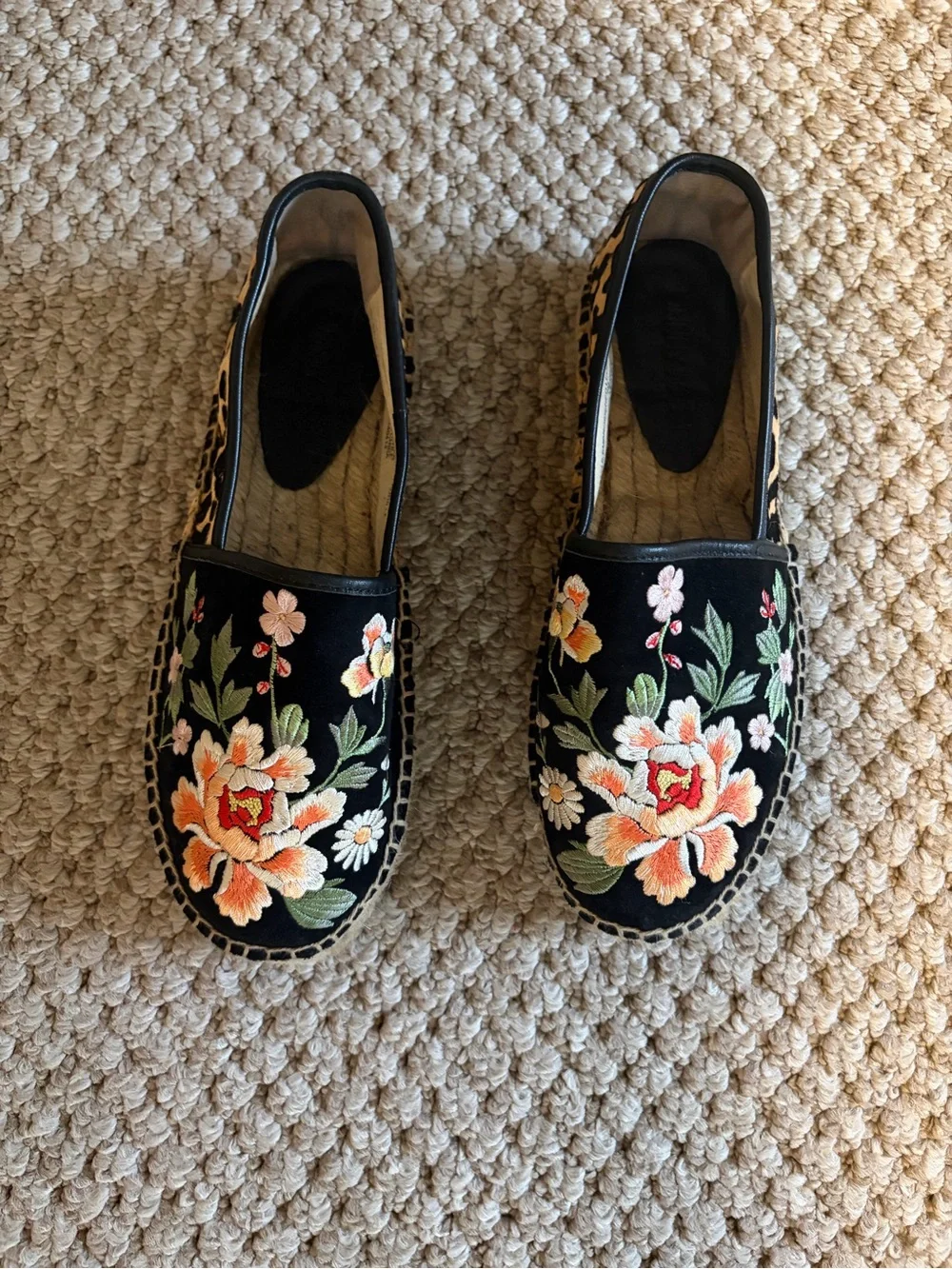 Black Floral Embroidered Slip-On Espadrilles - Women